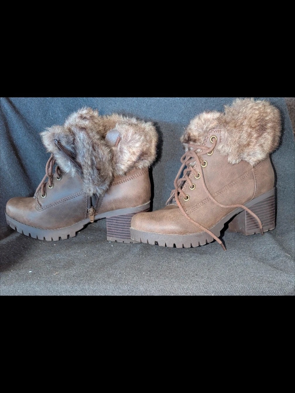 Soda Brown Faux Fur Lace-Up Block Heel Ankle Boots